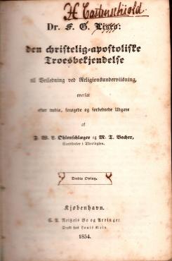 Den christelig-apostoliske Troesbekjendelse, med blank blad indskudt mellem hver side, Reizels Bo og Arvinger